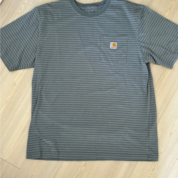 Carhartt  Heavyweight Short Sleeve Pocket Shop T Shirt Blue Stripe Size L - Picture 2 of 7